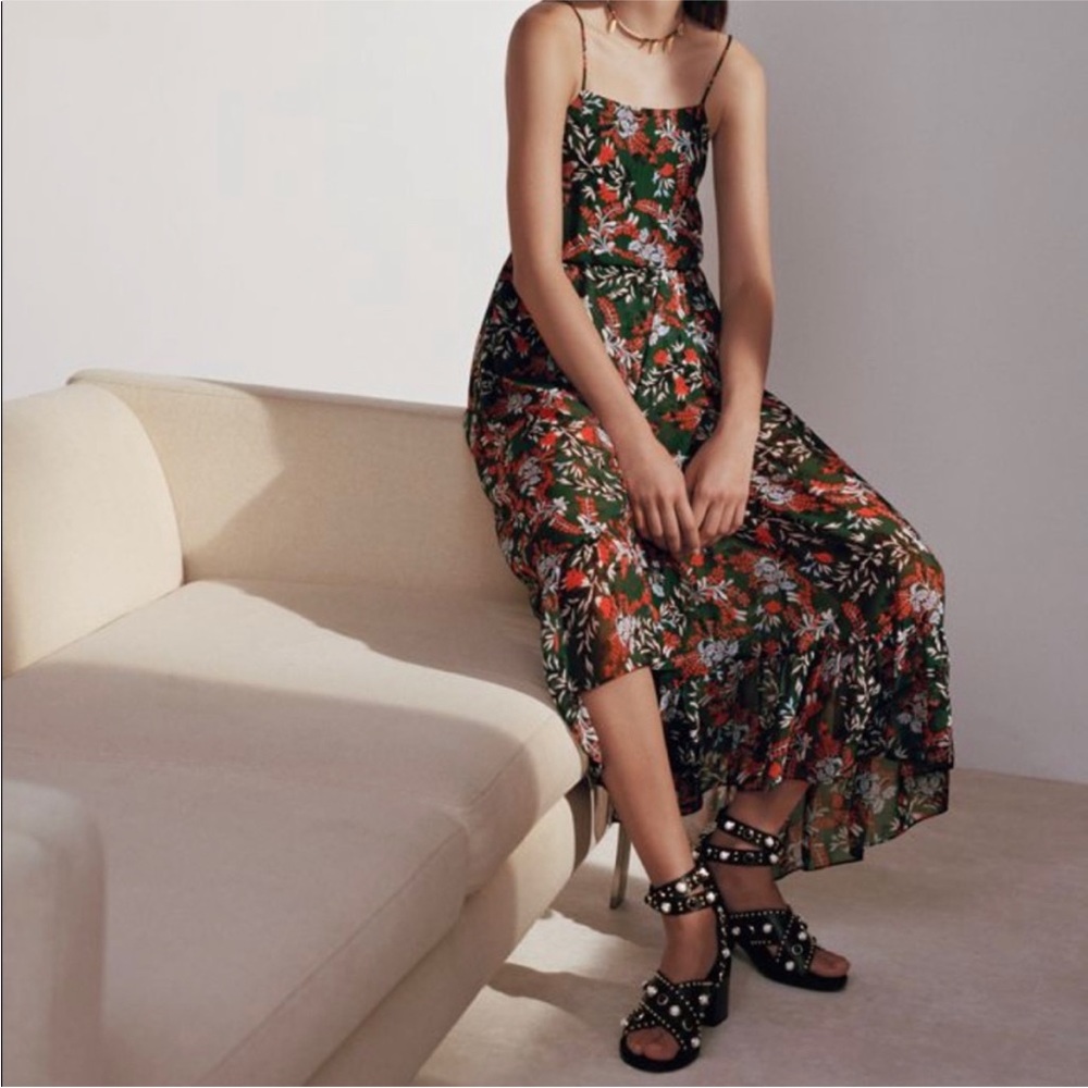 Maje Green Red Revia Floral Print Crepe Midi Shift Dress